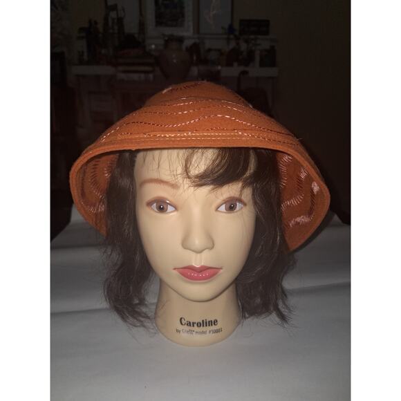 Vintage Union Made 60s 70s Fall Orange Floral Stitched Wool Bucket Style Hat - Picture 1 of 4